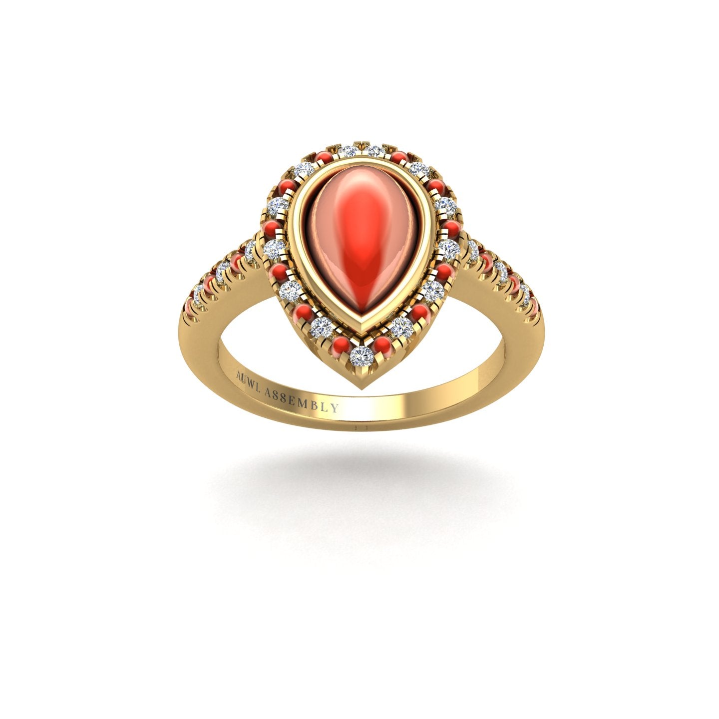 Gold red coral pear halo ring front view