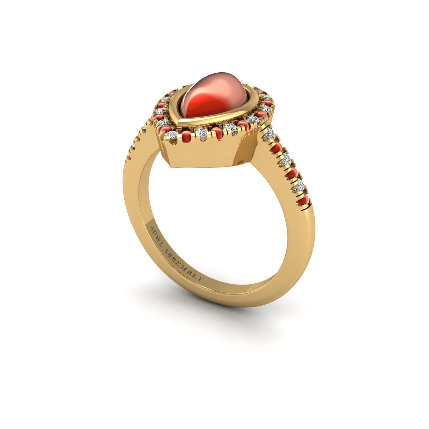 Gold red coral pear halo ring