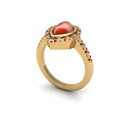 Gold red coral pear halo ring