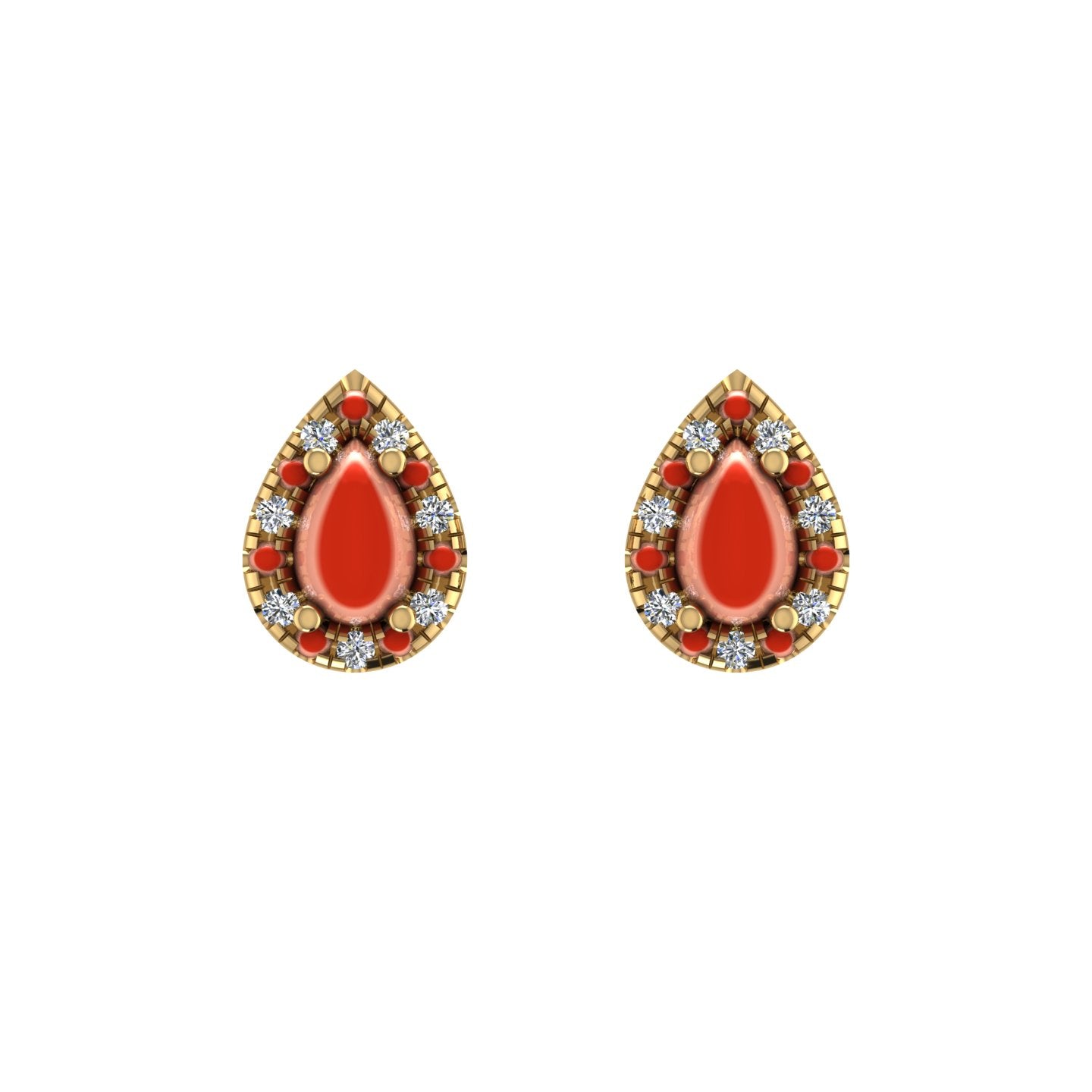 Gold red coral pear halo stud earrings front view