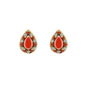 Gold red coral pear halo stud earrings front view