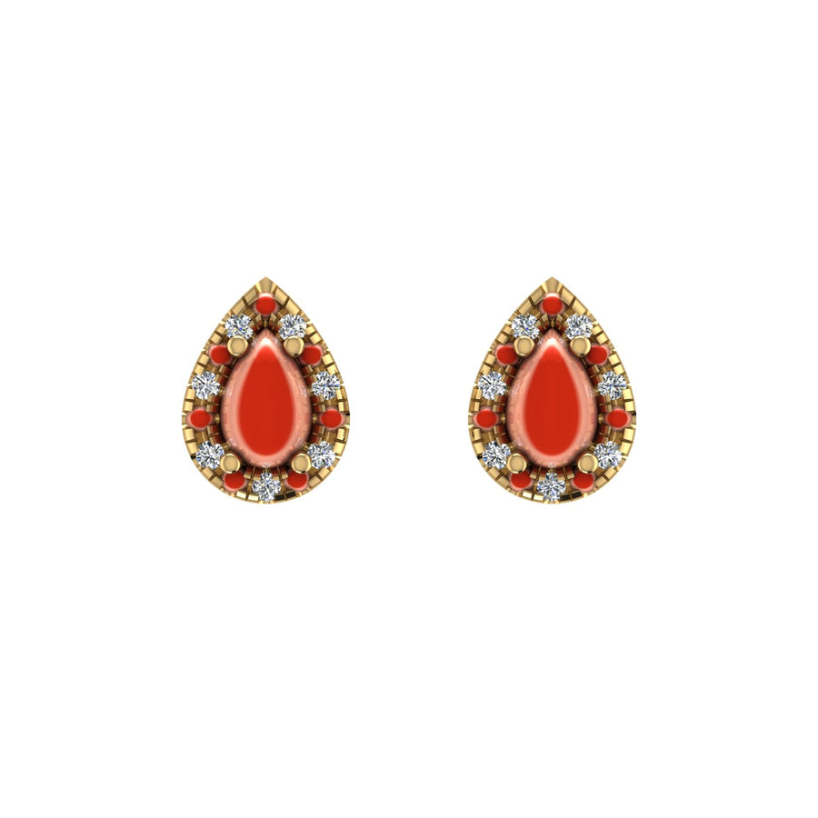 Gold red coral pear halo stud earrings front view