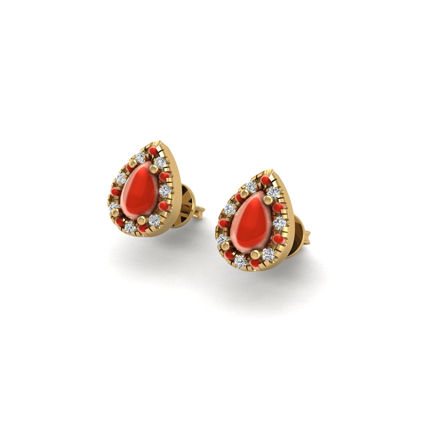 Gold red coral pear halo stud earrings