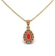 Gold red coral pear heavenly halo pendant center view