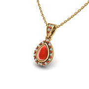 Gold red coral pear heavenly halo pendant