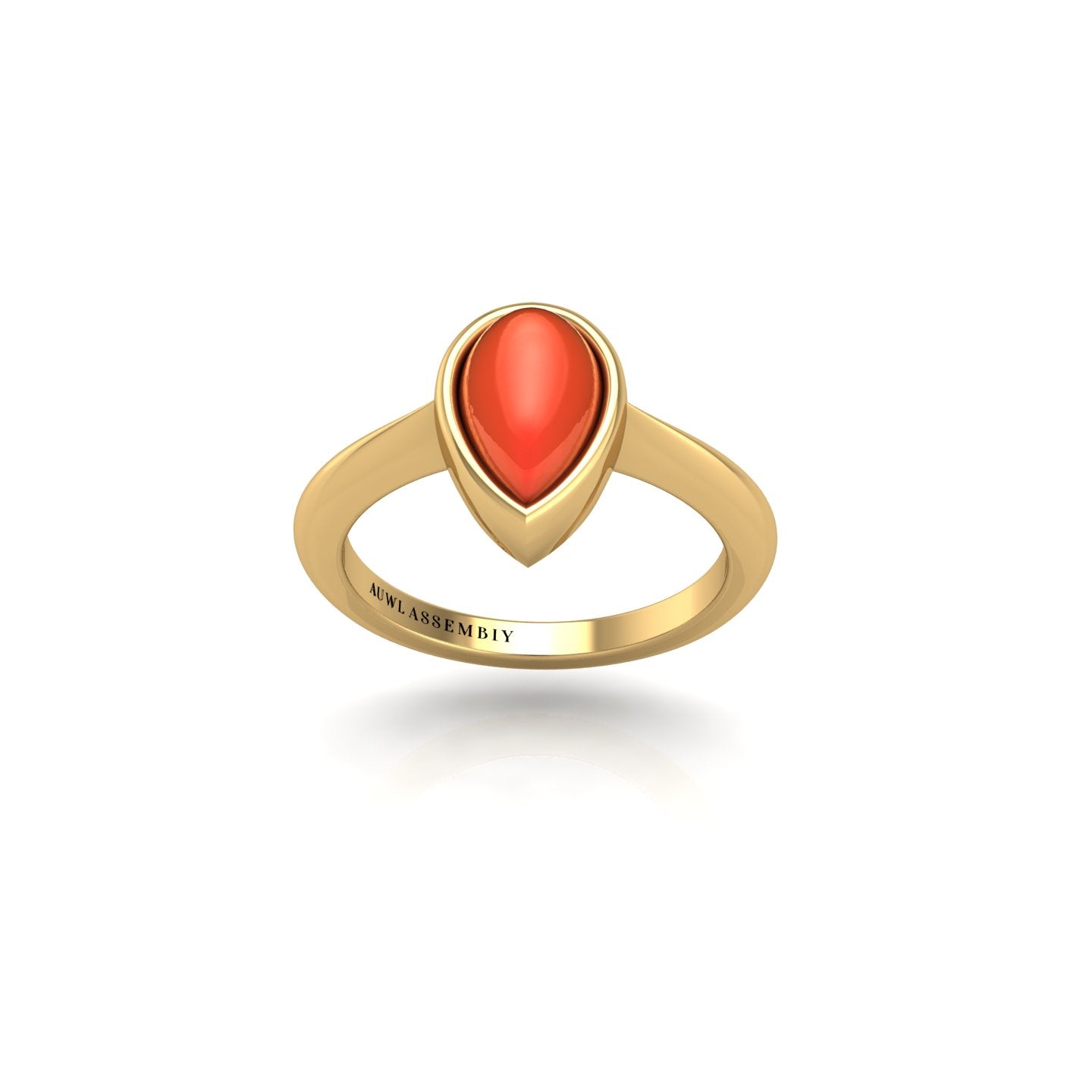 Gold red coral pear solitaire ring front view