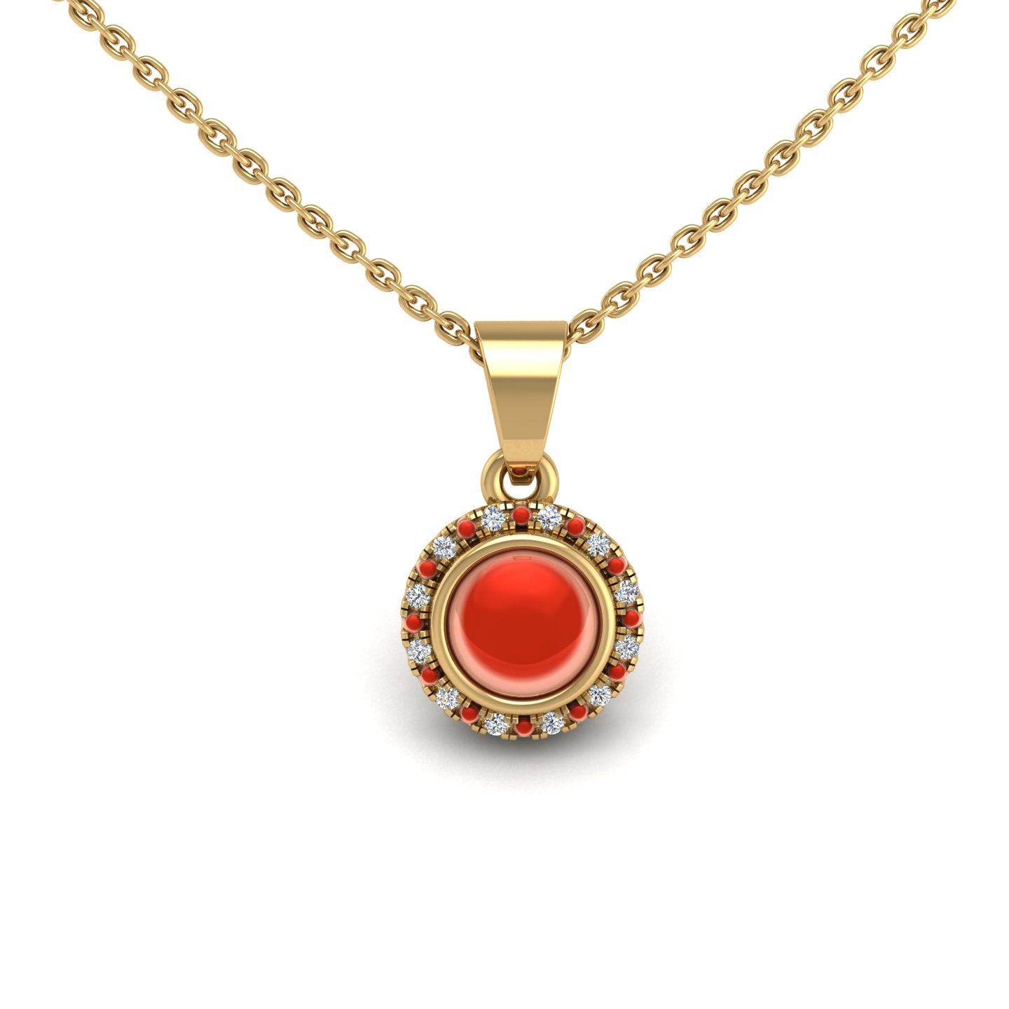 Gold red coral round  divine halo pendant center view