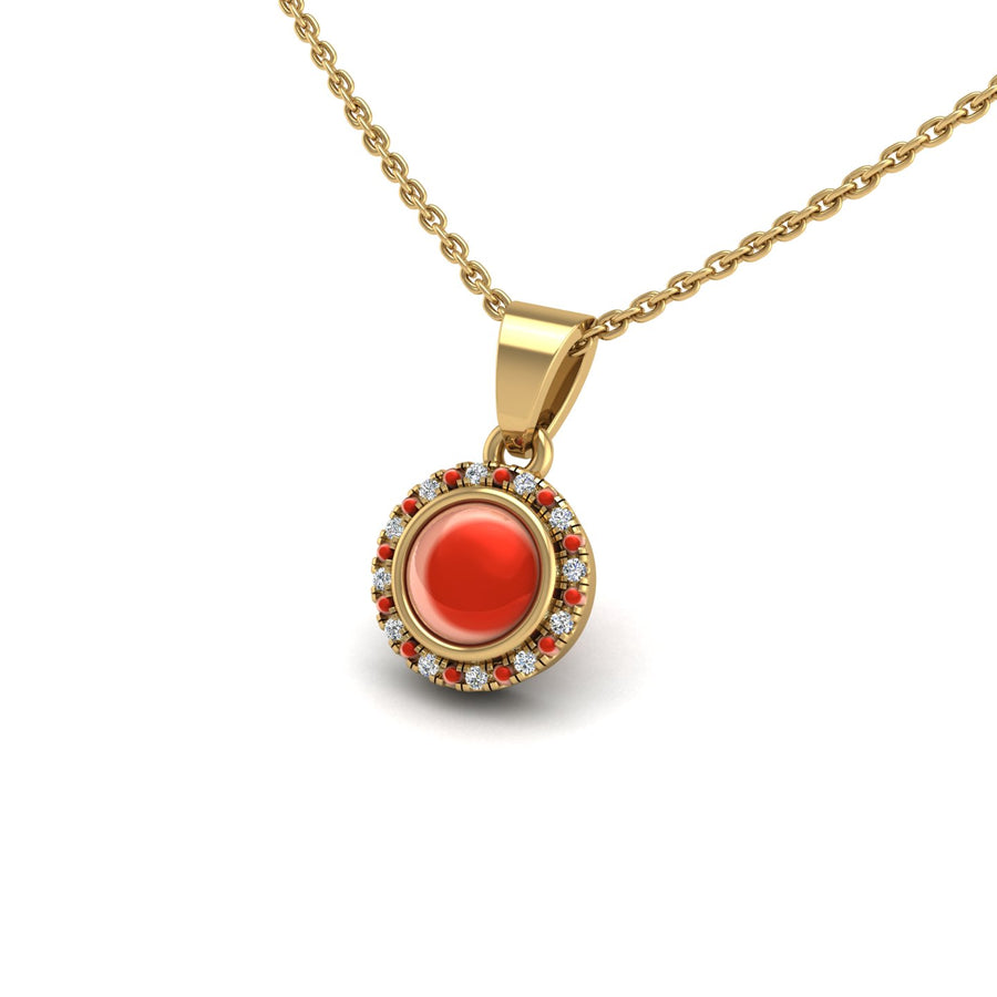 Gold red coral round  divine halo pendant