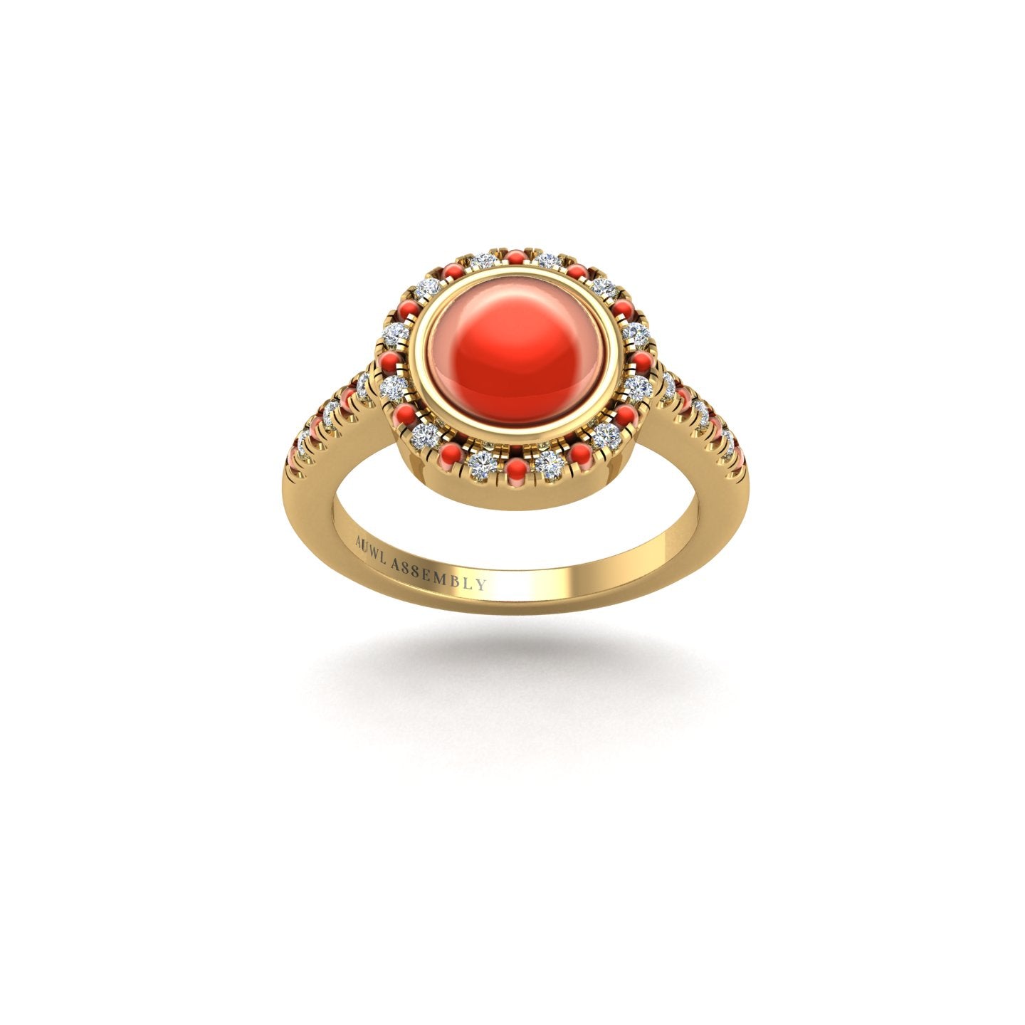 Gold red coral round halo ring front view