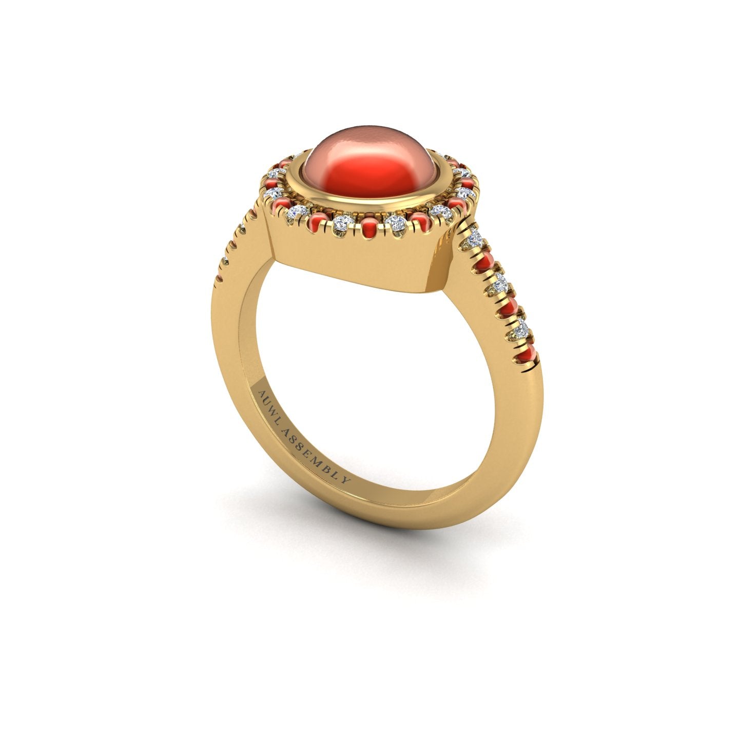 Gold red coral round halo ring