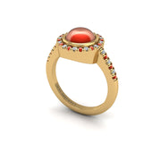 Gold red coral round halo ring