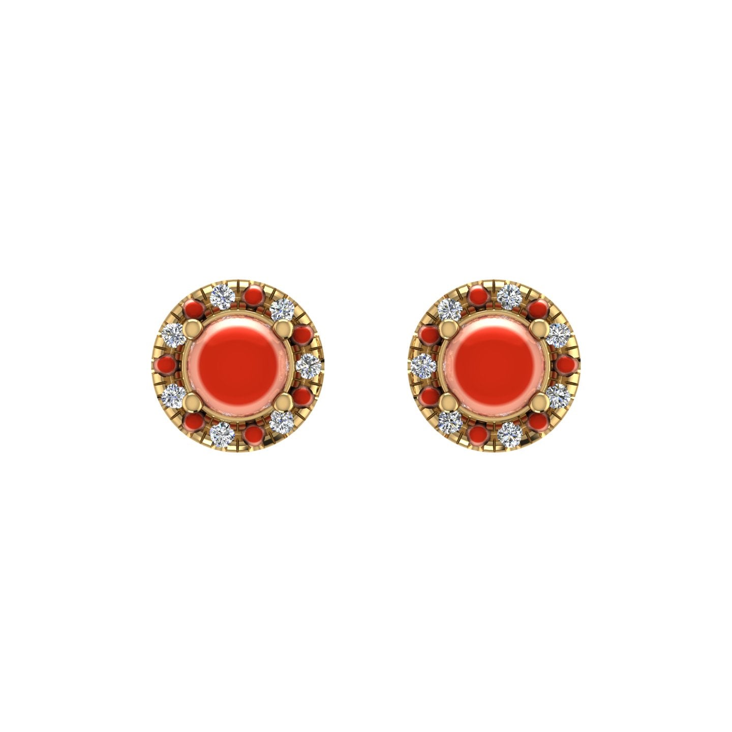 Gold red coral round halo stud earrings front view