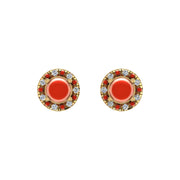 Gold red coral round halo stud earrings front view