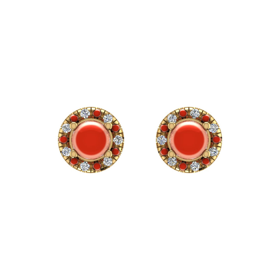Gold red coral round halo stud earrings front view
