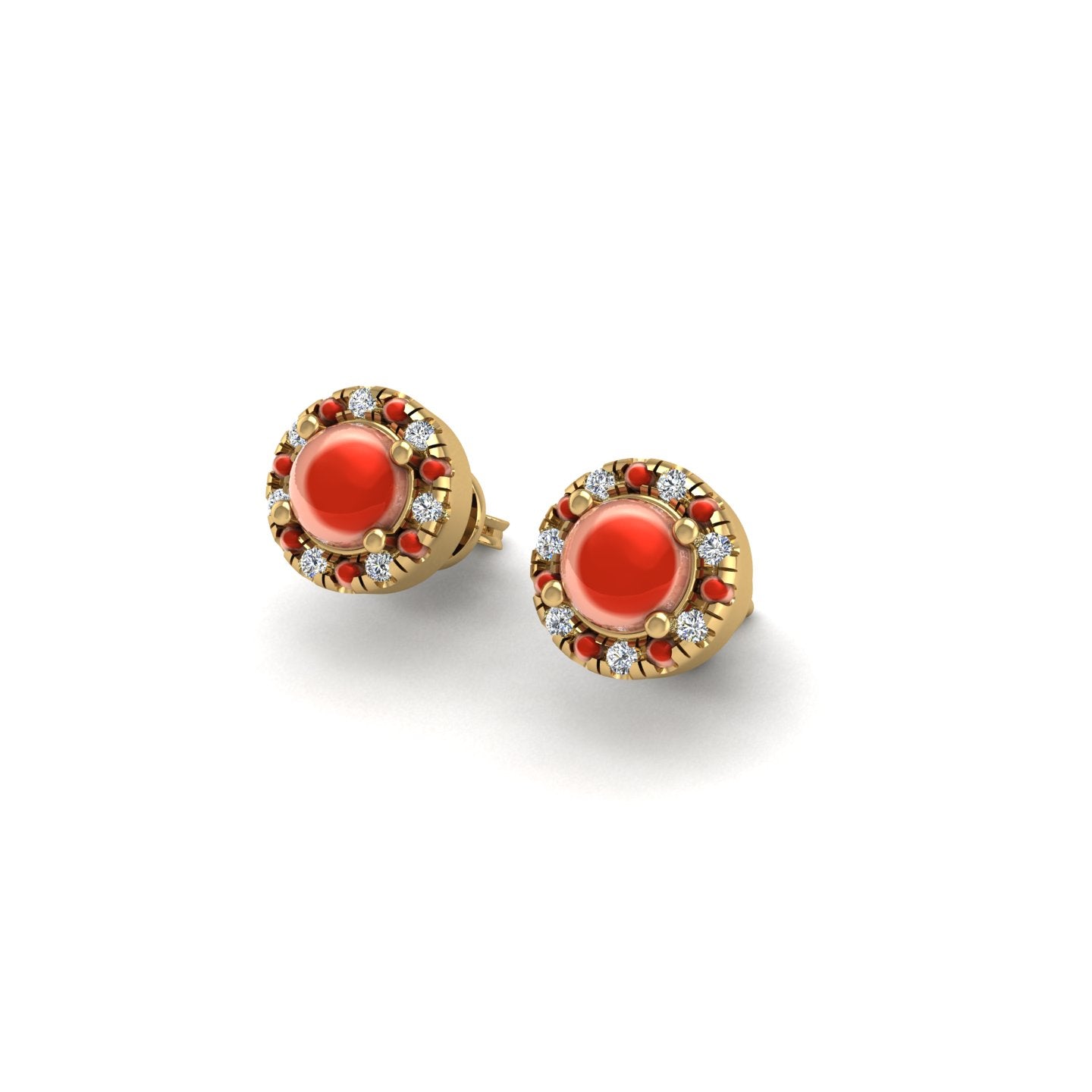 Gold red coral round halo stud earrings