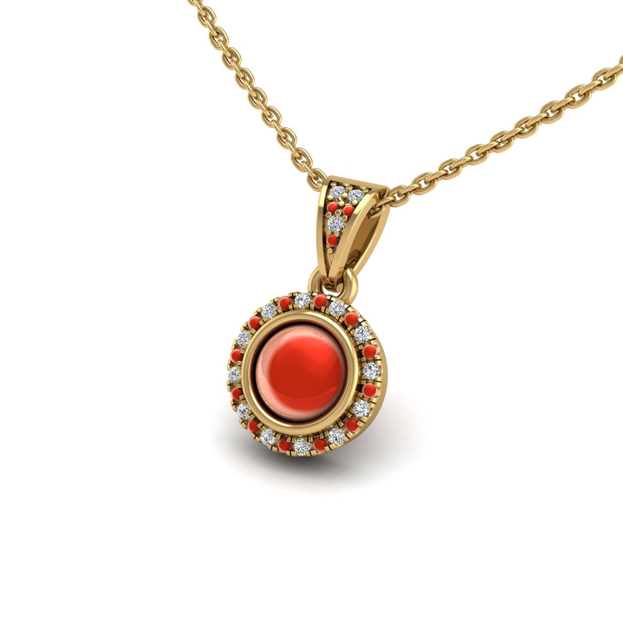 Gold red coral round heavenly halo pendant