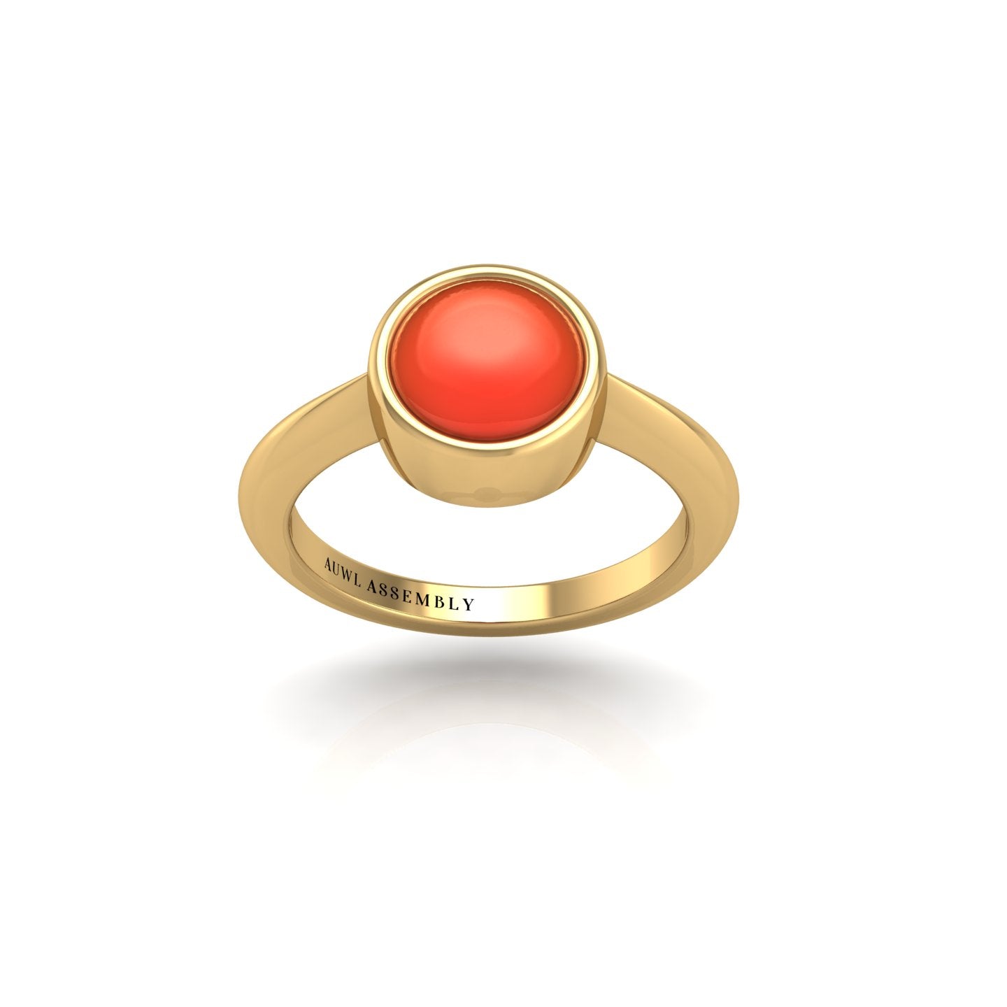 Gold red coral round solitaire ring front view