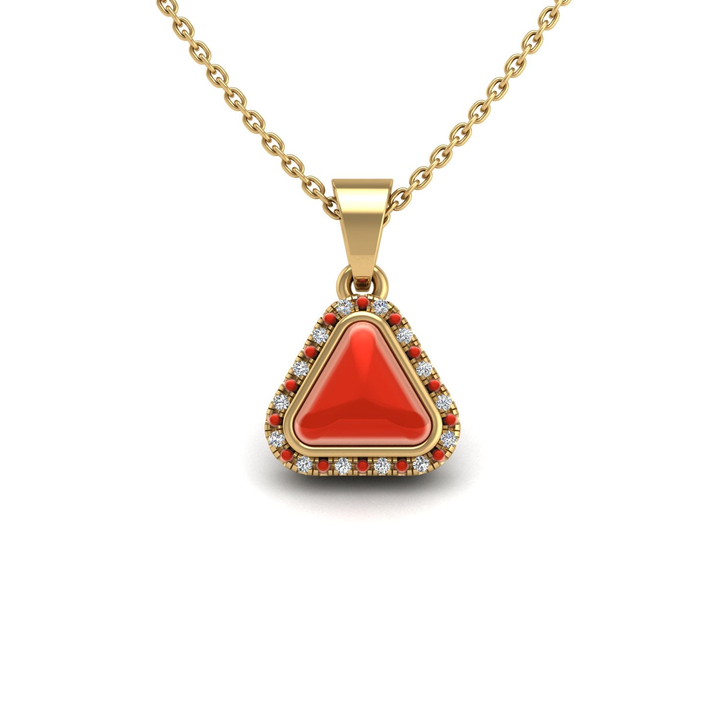 Gold red coral trillion divine halo pendant center view