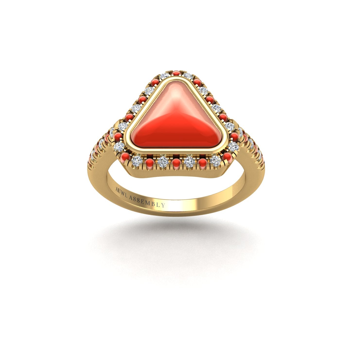 Gold red coral trillion halo ring front view