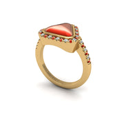 Gold red coral trillion halo ring