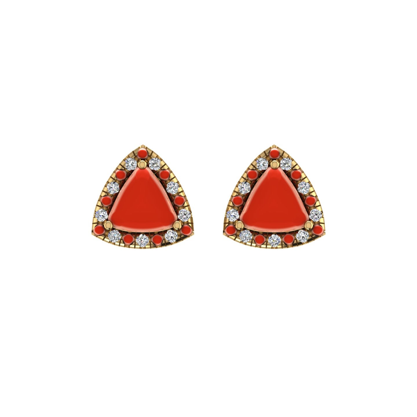 Gold red coral trillion halo stud earrings front view
