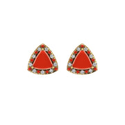 Gold red coral trillion halo stud earrings front view