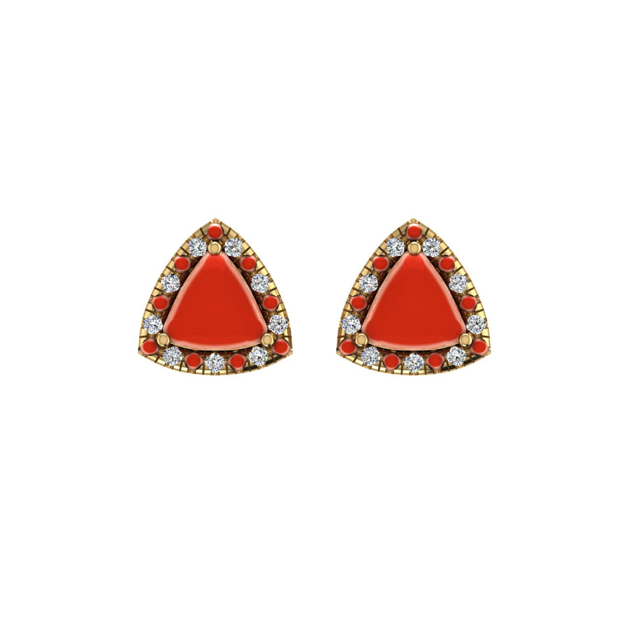 Gold red coral trillion halo stud earrings front view