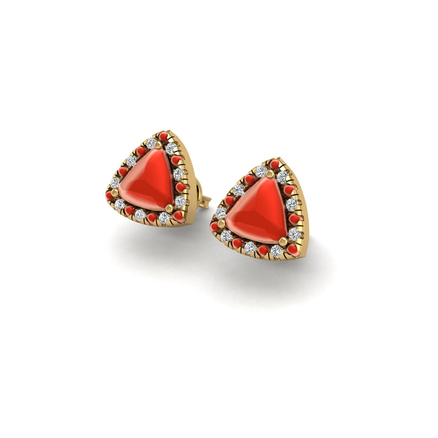 Gold red coral trillion halo stud earrings