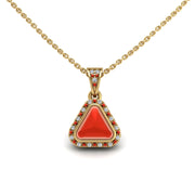 Gold red coral trillion heavenly halo pendant center view