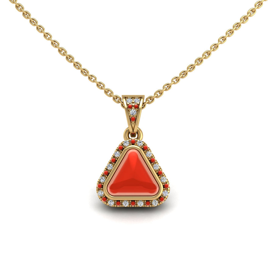 Gold red coral trillion heavenly halo pendant center view