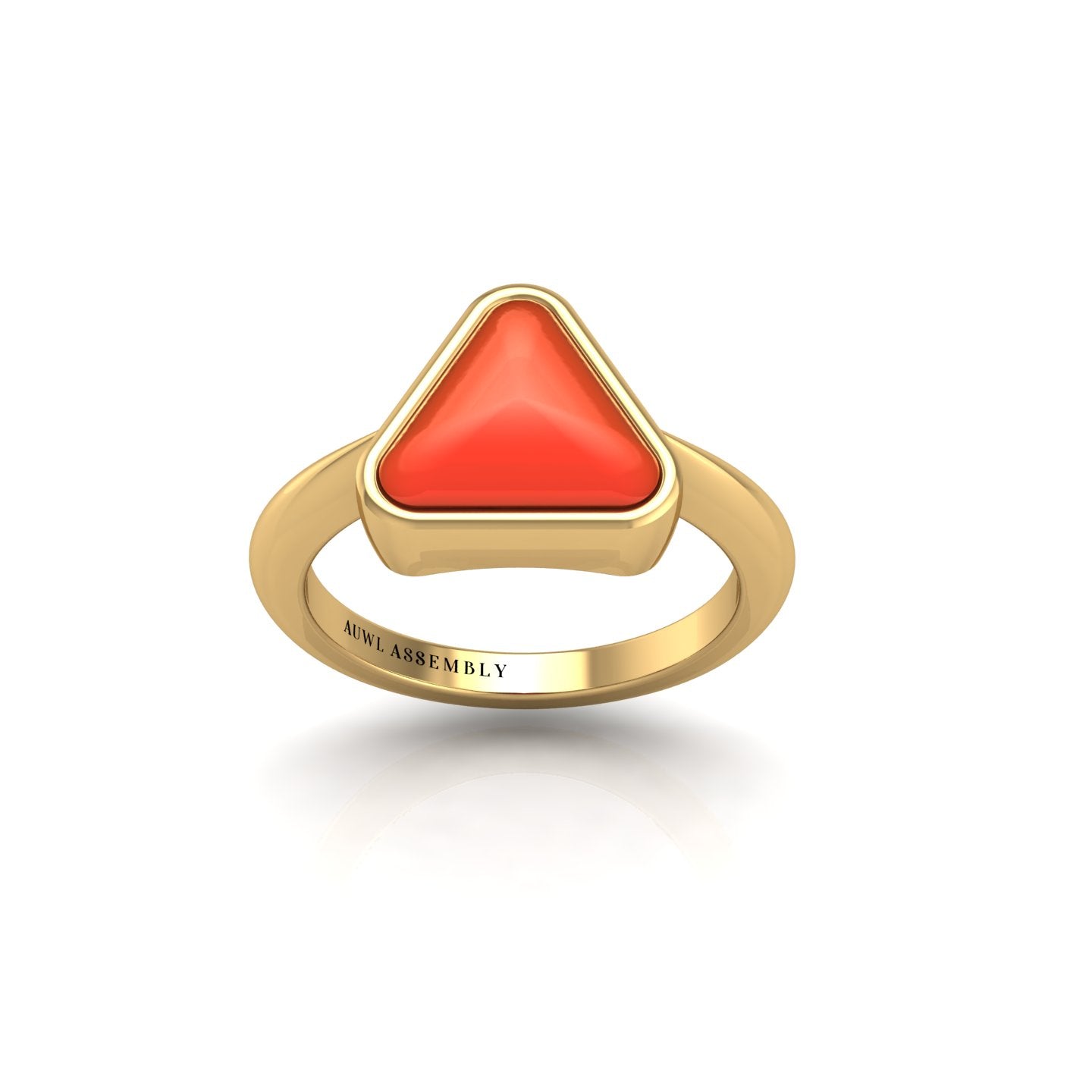 Gold red coral trillion solitaire ring front view