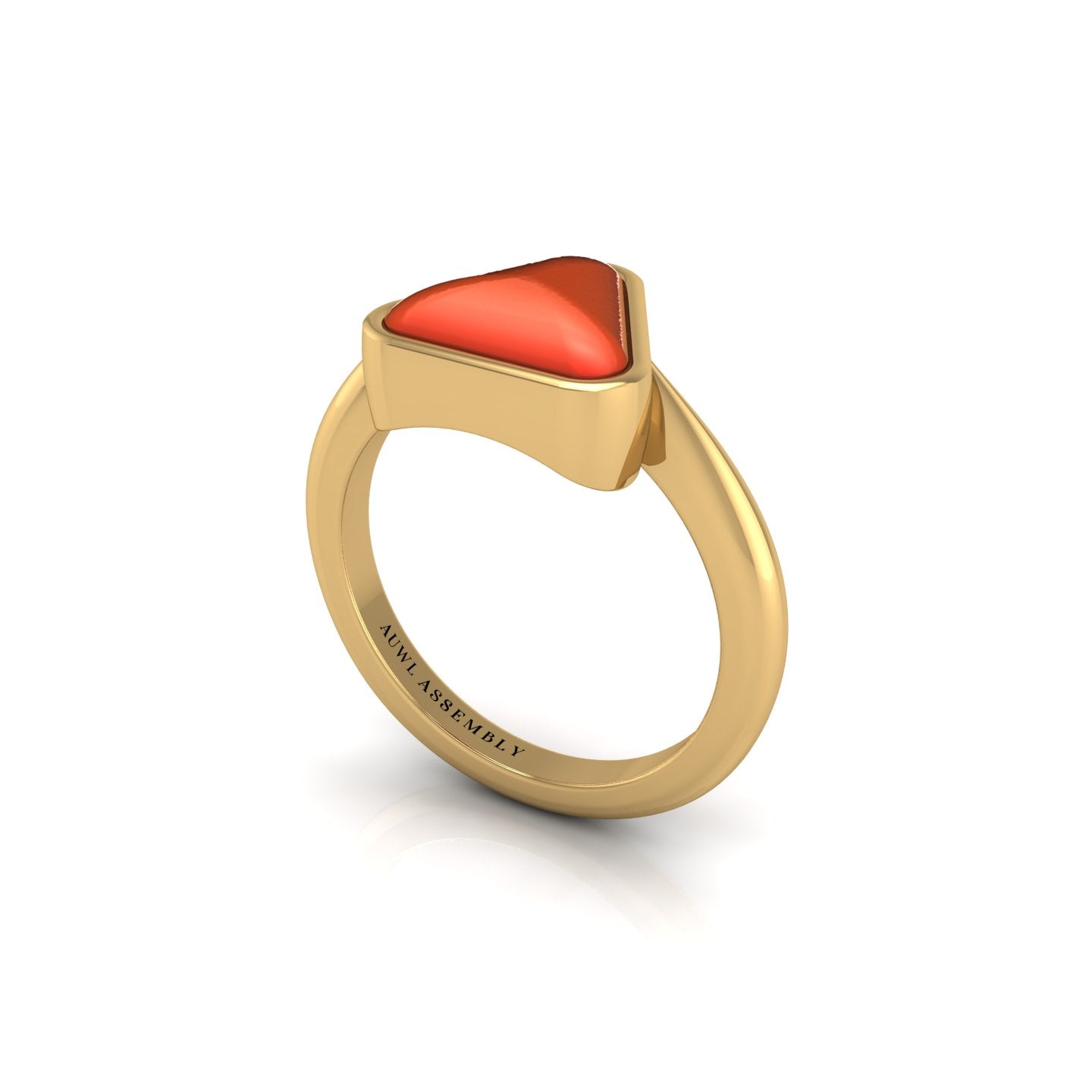 Gold red coral trillion solitaire ring