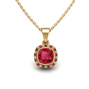 Gold ruby cushion divine halo pendant center view