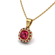 Gold ruby cushion divine halo pendant