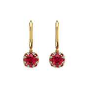 Gold ruby cushion halo hoop earrings front view
