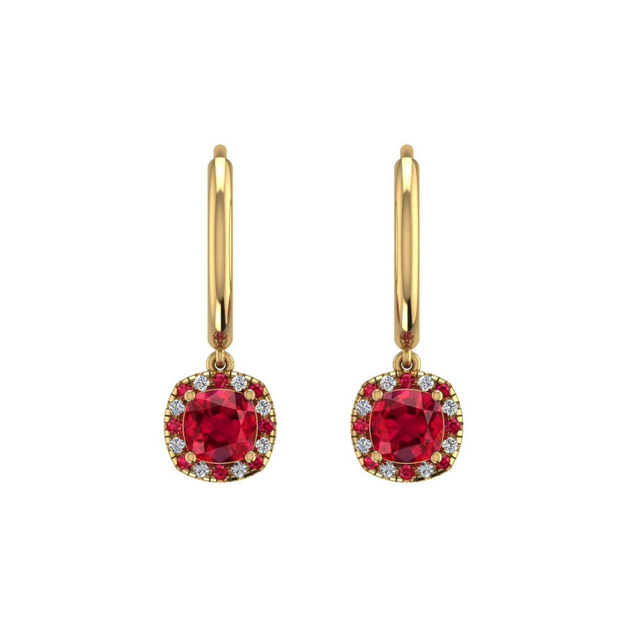 Gold ruby cushion halo hoop earrings front view