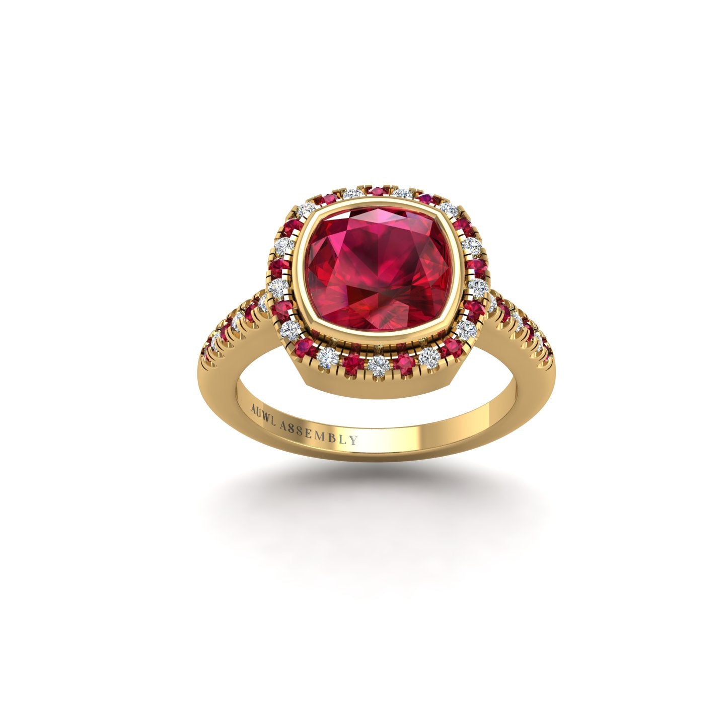 Gold ruby cushion halo ring front view