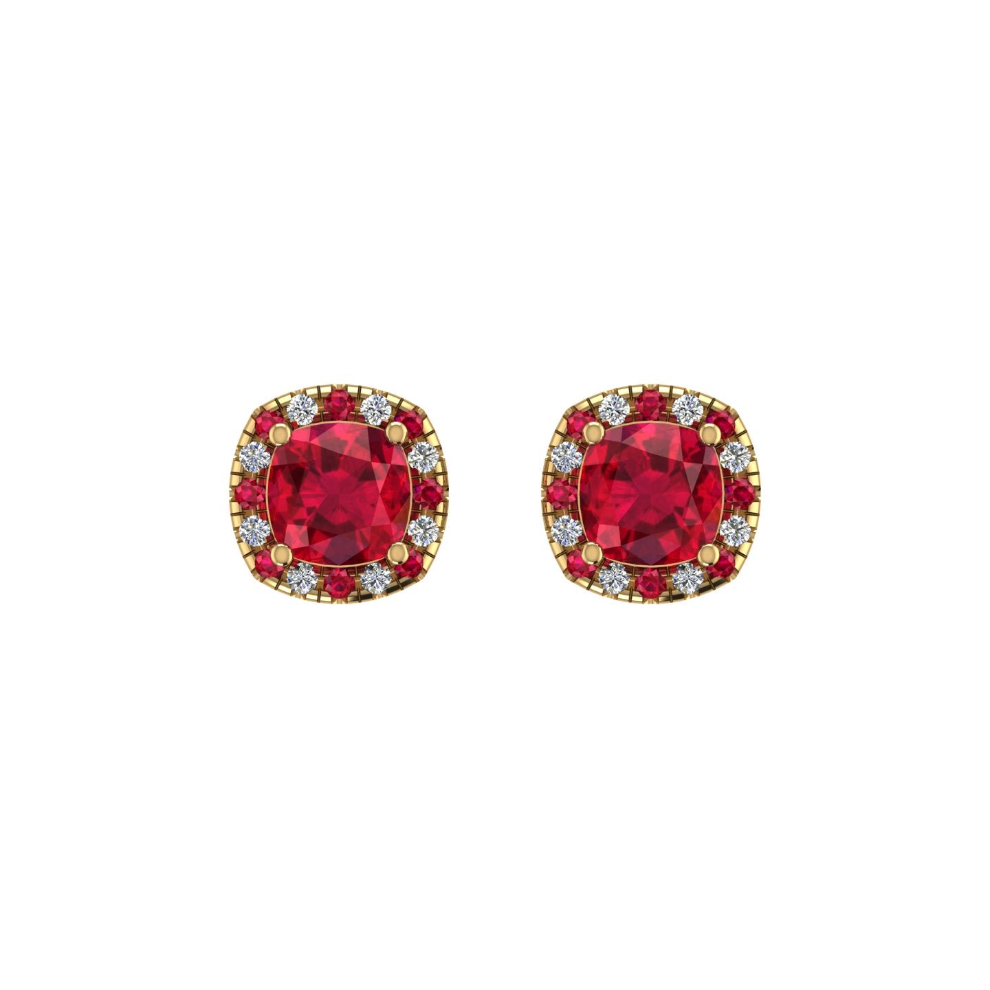 Gold ruby cushion halo stud earrings front view