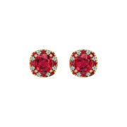 Gold ruby cushion halo stud earrings front view