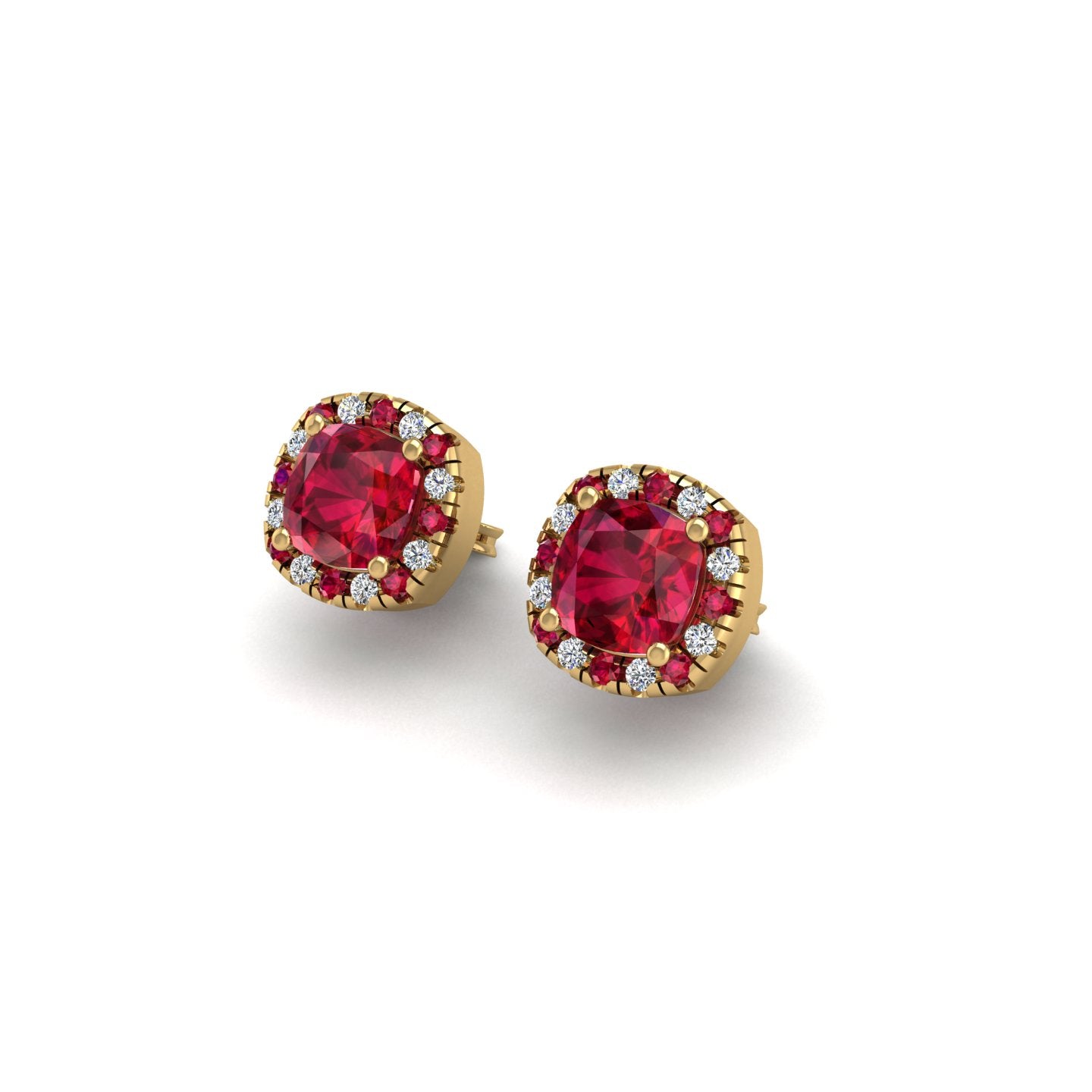 Gold ruby cushion halo stud earrings