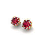 Gold ruby cushion halo stud earrings