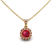 Gold ruby cushion heavenly halo pendant center view