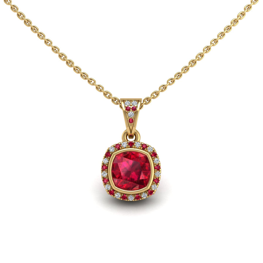 Gold ruby cushion heavenly halo pendant center view