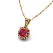 Gold ruby cushion heavenly halo pendant
