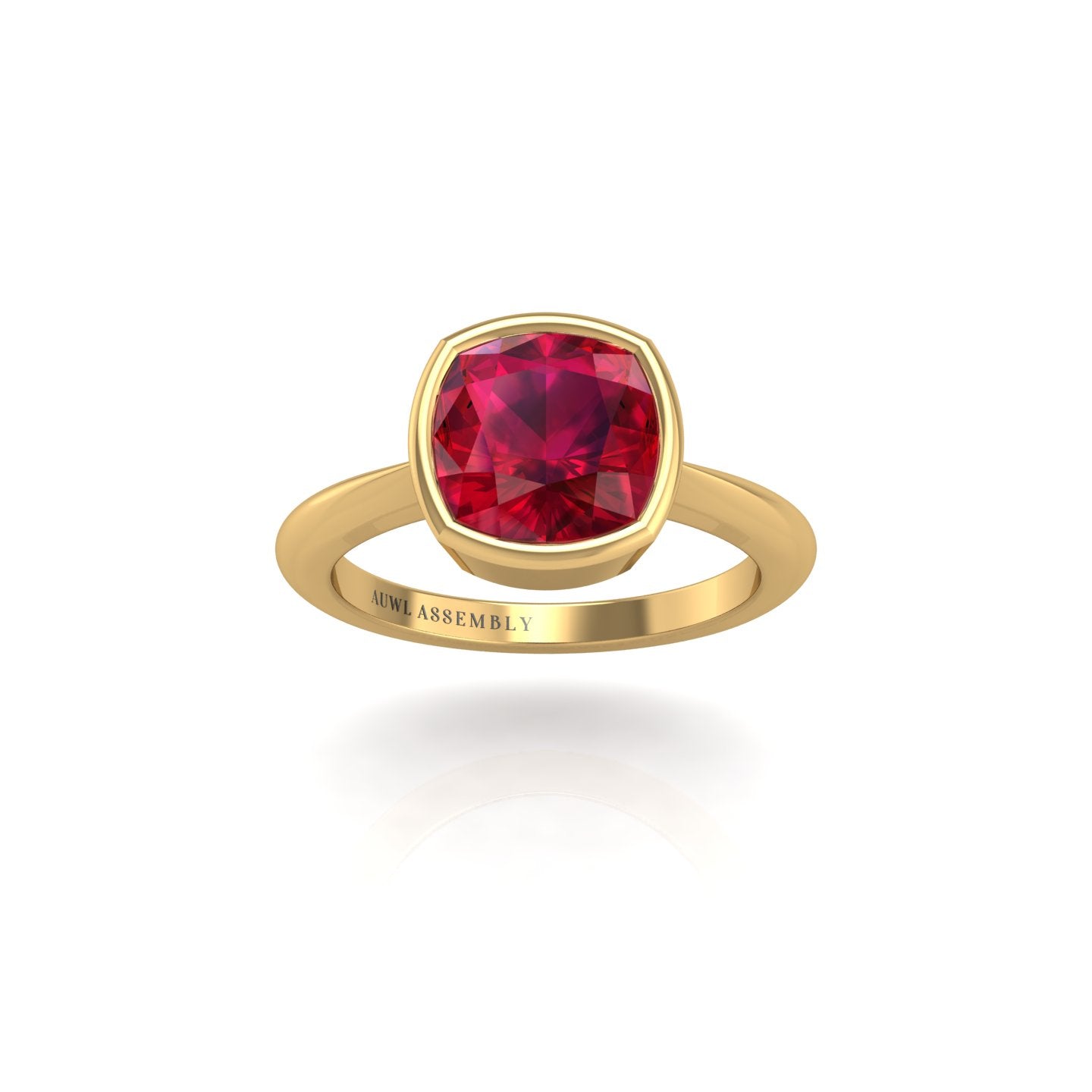 Gold ruby cushion solitaire ring front view