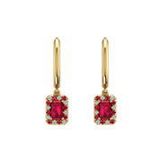 Gold ruby emerald halo hoop earrings front view