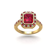 Gold ruby emerald halo ring front view