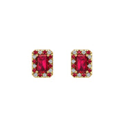 Gold ruby emerald halo stud earrings front view