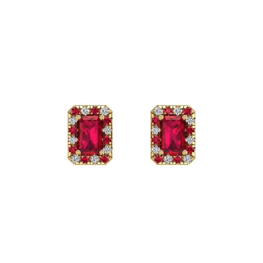 Gold ruby emerald halo stud earrings front view