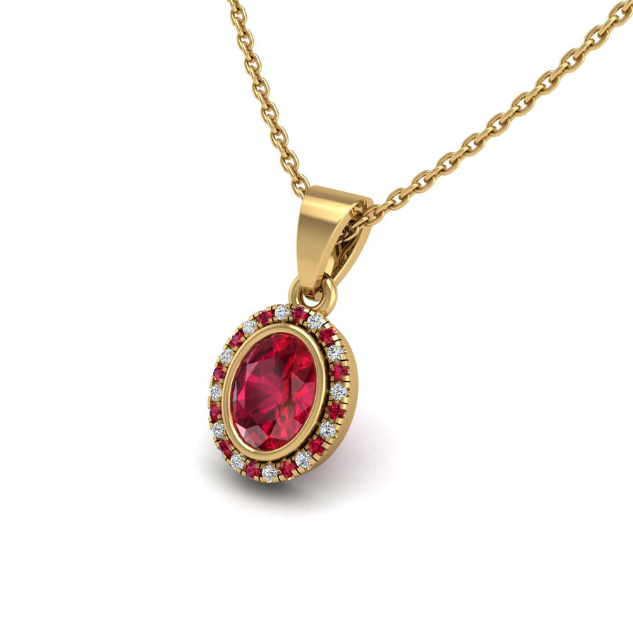 Gold ruby oval divine halo pendant